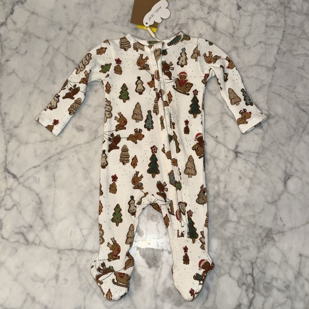 NWT Angel Dear Festive White Onesie with Tree, Reindeer and Cookies